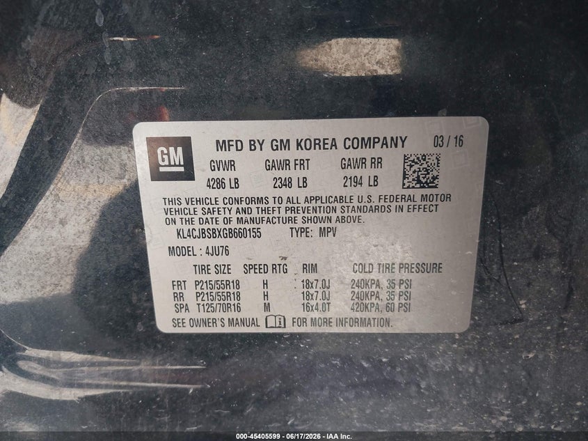2016 Buick Encore VIN KL4CJBSBXGB660155 IAAI salvage auction — THEFT, Original (Texas), sold $700 on 2026-07-30 (photo 9)