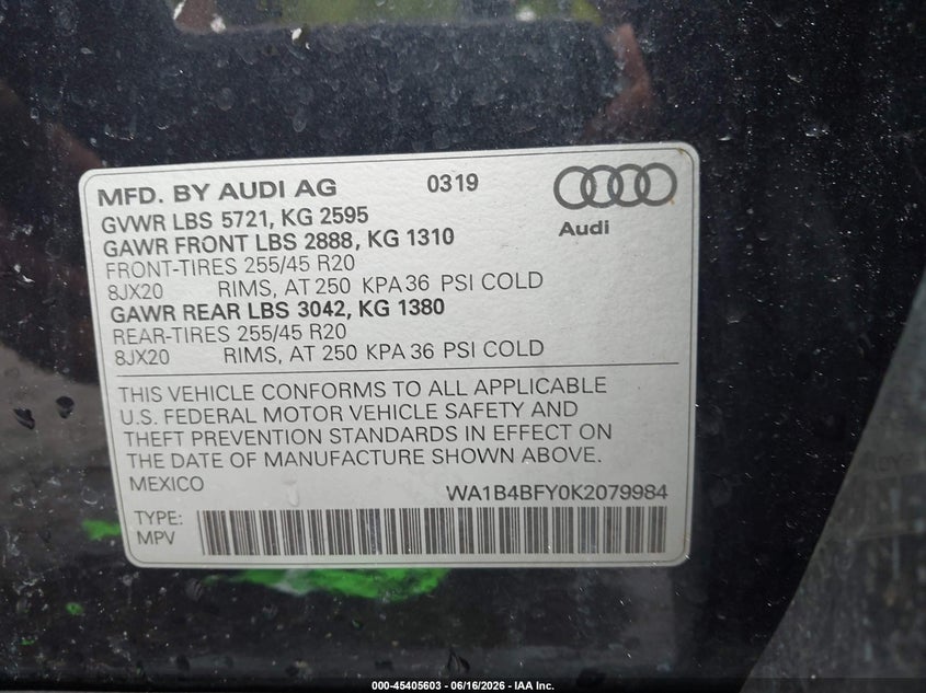 2019 Audi Sq5 VIN WA1B4BFY0K2079984 IAAI salvage auction — ENGINE BURN, Rebuildable (Florida), sold $925 on 2026-07-28 (photo 9)