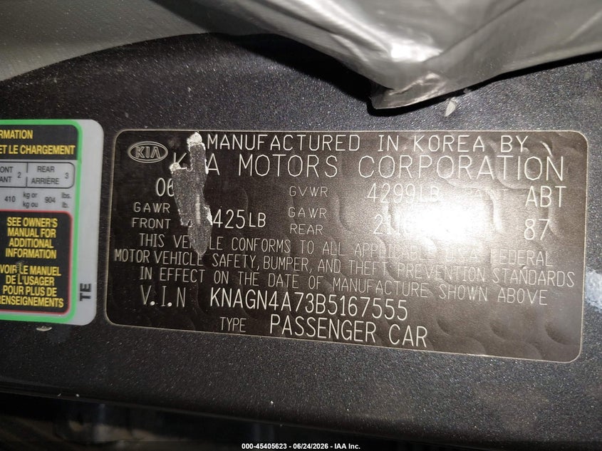 2011 Kia Optima VIN KNAGN4A73B5167555 IAAI salvage auction — RIGHT FRONT, Mv-907A (New York), sold $450 on 2026-07-15 (photo 9)