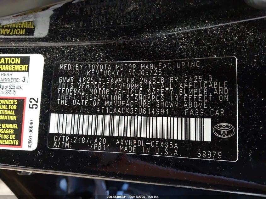 2025 Toyota Camry VIN 4T1DAACK9SU614991 IAAI salvage auction — RIGHT FRONT, Salvage Title, sold $13,800 on 2026-07-31 (photo 9)