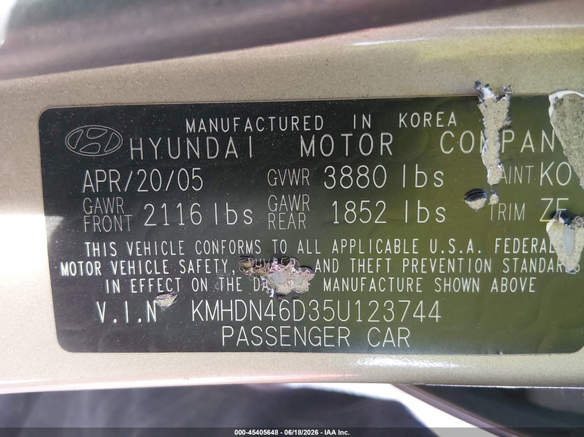 2005 Hyundai Elantra VIN KMHDN46D35U123744 IAAI salvage auction — NORMAL WEAR, Regular (Nevada), sold $225 on 2026-07-17 (photo 9)