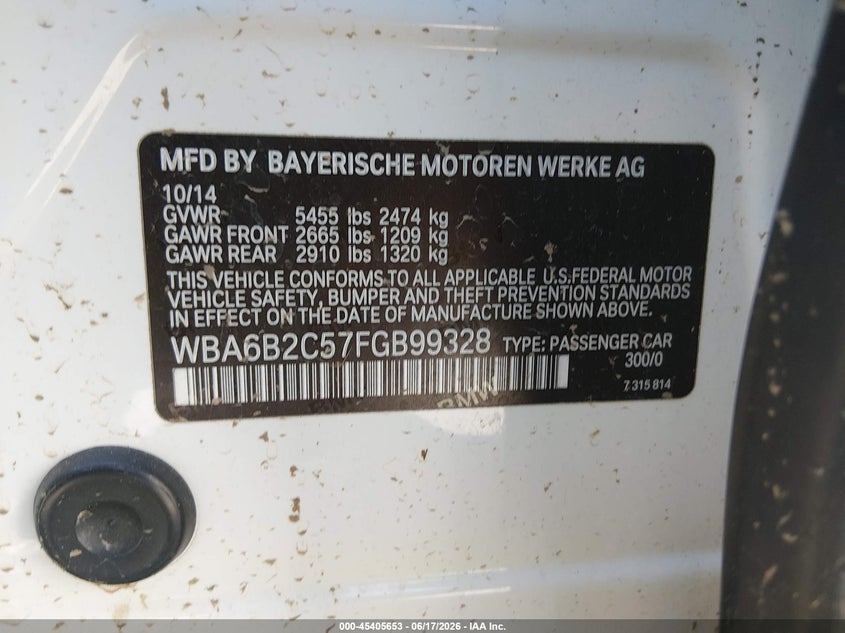 2015 BMW 6er VIN WBA6B2C57FGB99328 IAAI salvage auction — FRONT END, Salvage Title, sold $1,700 on 2026-08-05 (photo 9)