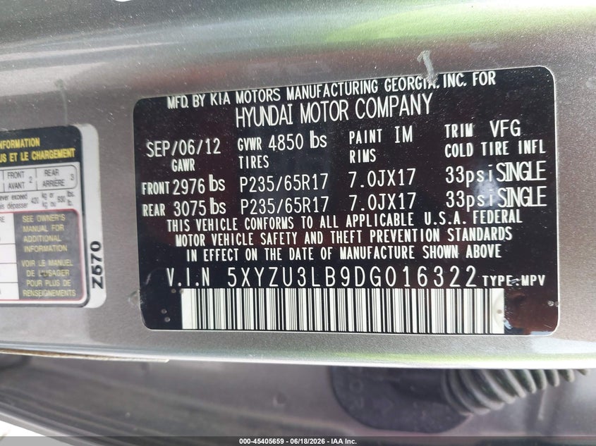 2013 Hyundai Santa fe VIN 5XYZU3LB9DG016322 IAAI salvage auction — FRONT END, Clear (Tennessee), sold $2,150 on 2026-07-23 (photo 9)