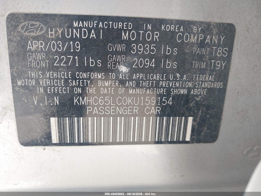 2019 Hyundai Ioniq hybrid VIN KMHC65LC0KU159154 IAAI salvage auction — NORMAL WEAR, Sf97 (Texas), sold $8,100 on 2026-08-04 (photo 9)