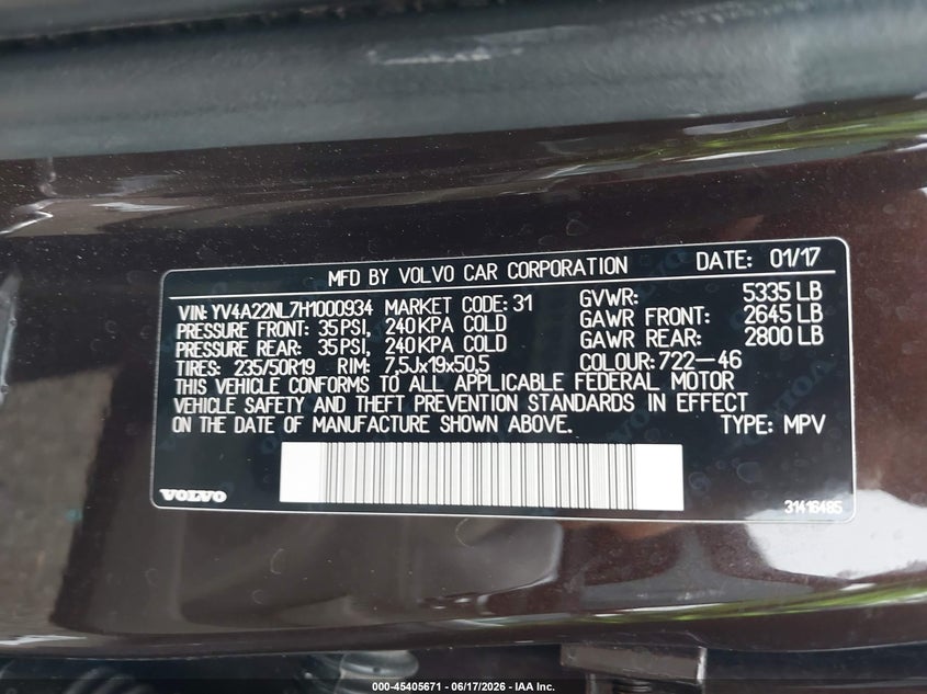 2017 Volvo V90 cross country VIN YV4A22NL7H1000934 IAAI salvage auction — ENGINE BURN, Salvage Title, sold $25 on 2026-07-21 (photo 9)