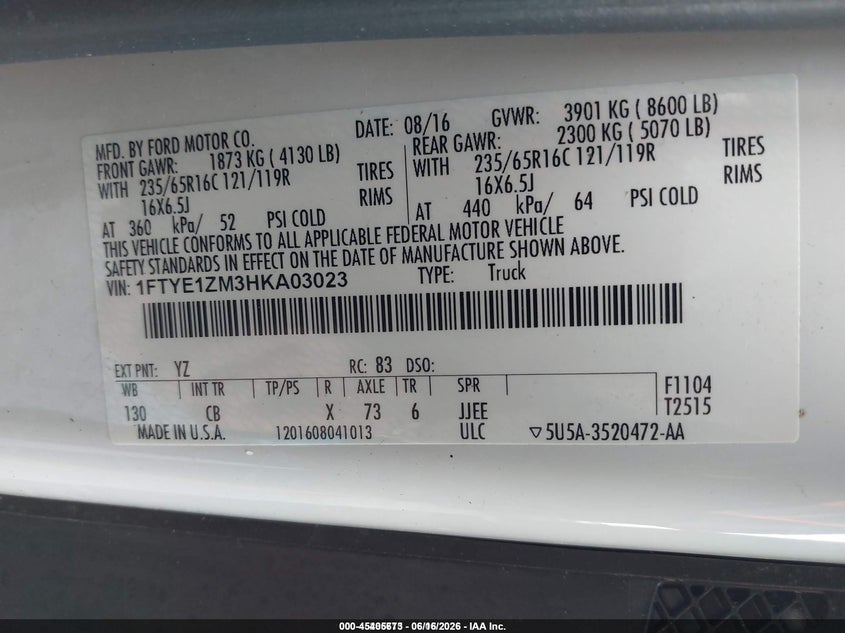 2017 Ford Transit 150 VIN 1FTYE1ZM3HKA03023 IAAI salvage auction — NORMAL WEAR, Sf97 (Washington), sold $10,000 on 2026-07-29 (photo 9)