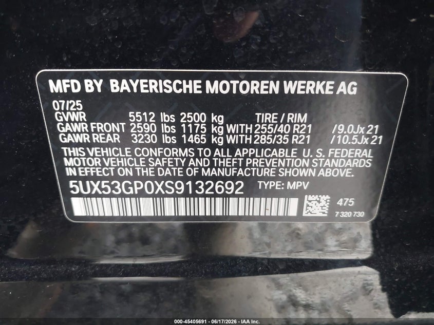 2025 BMW X3 VIN 5UX53GP0XS9132692 IAAI salvage auction — FRONT END, Clear (Arkansas), sold $9,600 on 2026-07-30 (photo 9)