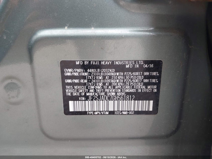2016 Subaru Forester VIN JF2SJADC7GH561812 IAAI salvage auction — FRONT END, Salvage Title, sold $3,450 on 2026-07-09 (photo 9)