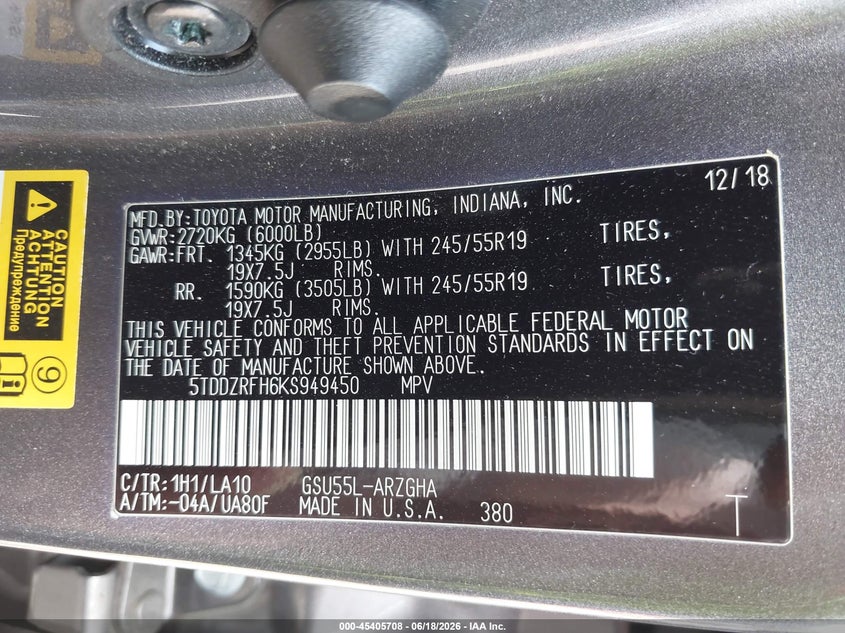 2019 Toyota Highlander VIN 5TDDZRFH6KS949450 IAAI salvage auction — FRONT END, Salvage - Greater Than 75% (Maryland), sold $13,000 on 2026-07-15 (photo 9)