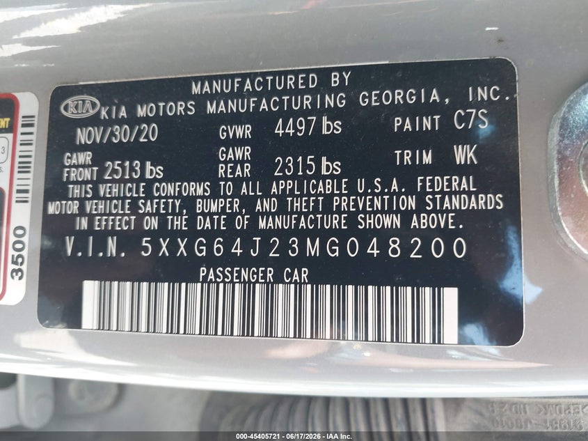 2021 Kia K5 VIN 5XXG64J23MG048200 IAAI salvage auction — LEFT FRONT, Salvage Title, sold $5,225 on 2026-09-22 (photo 9)