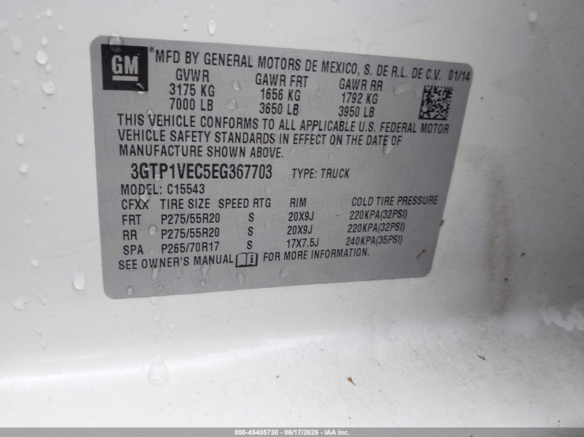 2014 Gmc SIERRA VIN 3GTP1VEC5EG367703 IAAI salvage auction — WATER/FLOOD, Salvage Title, sold $3,000 on 2026-07-30 (photo 9)