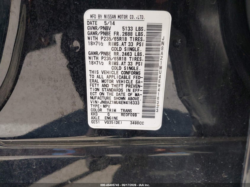 2014 Nissan Murano VIN JN8AZ1MU4EW416333 IAAI salvage auction — FRONT END, Salvage (California), sold $700 on 2026-07-07 (photo 9)