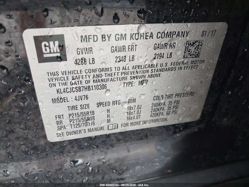 2017 Buick Encore VIN KL4CJCSB7HB110306 IAAI salvage auction — FRONT END, Salvage (North Carolina), sold $1,175 on 2026-09-13 (photo 9)