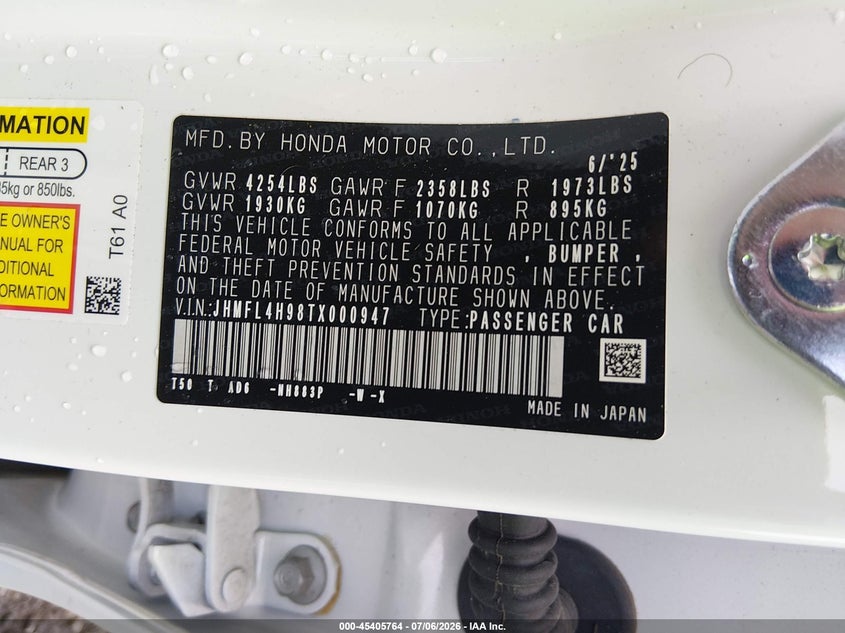 2026 Honda Civic VIN JHMFL4H98TX000947 IAAI salvage auction — REAR END, Salvage Title, sold $8,300 on 2026-07-31 (photo 9)