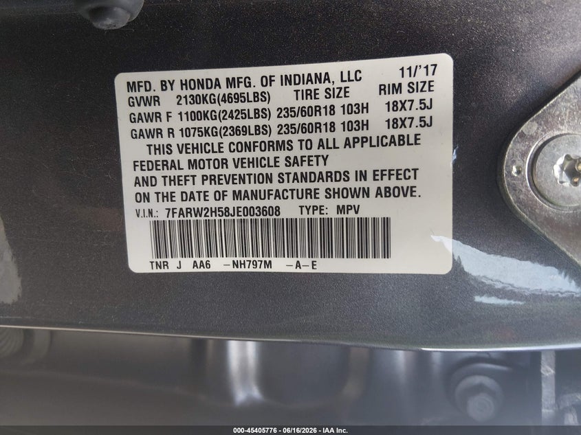 2018 Honda Cr-v VIN 7FARW2H58JE003608 IAAI salvage auction — LEFT & RIGHT, Salvage (Ohio), sold $5,300 on 2026-07-08 (photo 9)