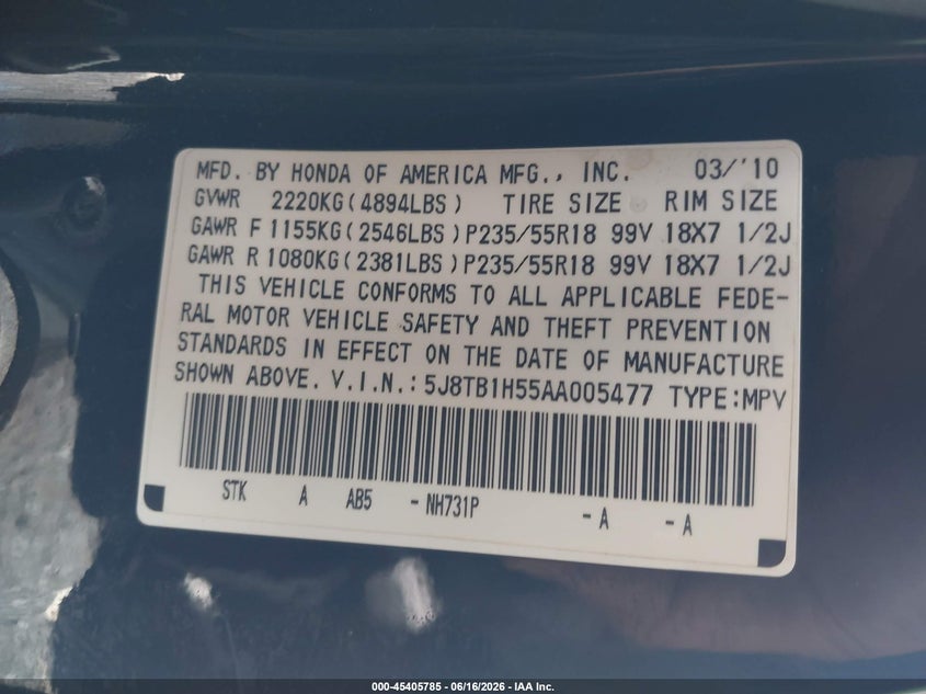 2010 Acura Rdx VIN 5J8TB1H55AA005477 IAAI salvage auction — NORMAL WEAR, Original (Ohio), sold $100 on 2026-07-08 (photo 9)