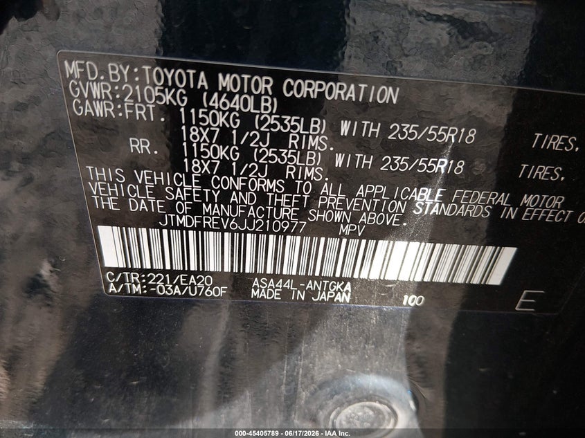 2018 Toyota Rav 4 VIN JTMDFREV6JJ210977 IAAI salvage auction — LEFT SIDE, Clear (Indiana), sold $7,300 on 2026-07-22 (photo 9)