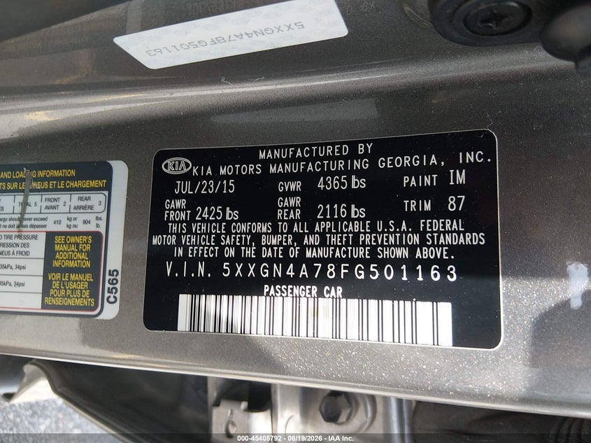 2015 Kia Optima VIN 5XXGN4A78FG501163 IAAI salvage auction — NORMAL WEAR, Clear (South Carolina), sold $475 on 2026-07-22 (photo 9)