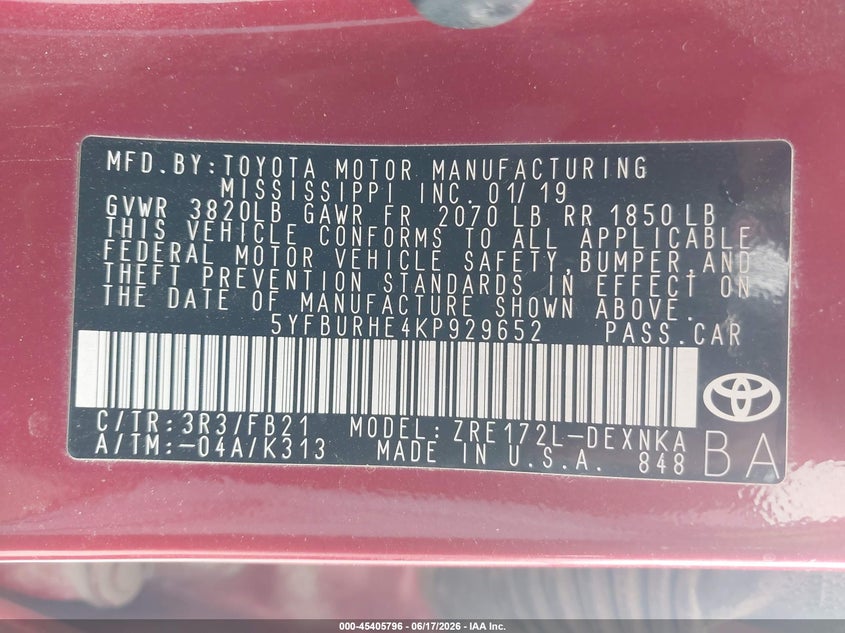 2019 Toyota Corolla VIN 5YFBURHE4KP929652 IAAI salvage auction — LEFT FRONT, Salvage Title, sold $4,950 on 2026-07-22 (photo 9)