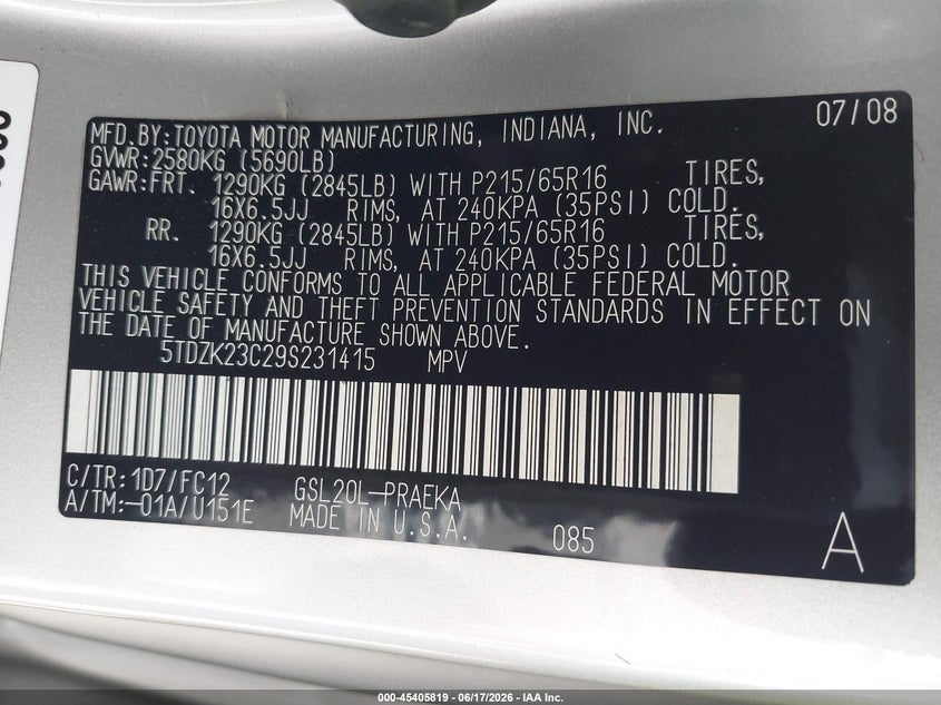2009 Toyota Sienna VIN 5TDZK23C29S231415 IAAI salvage auction — FRONT END, Salvage (California), sold $750 on 2026-07-08 (photo 9)