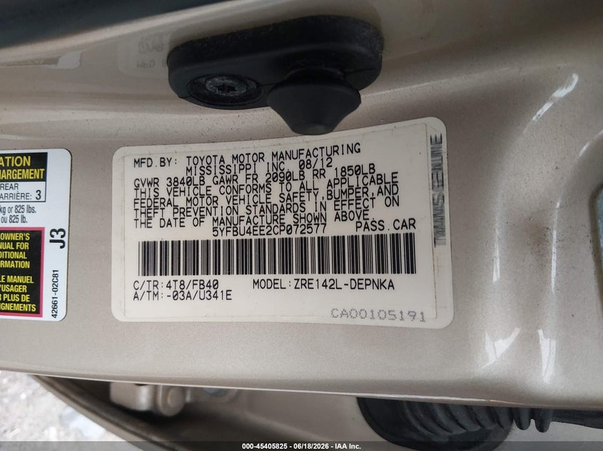 2012 Toyota Corolla VIN 5YFBU4EE2CP072577 IAAI salvage auction — FRONT END, Salvage Title, sold $1,200 on 2026-07-30 (photo 9)
