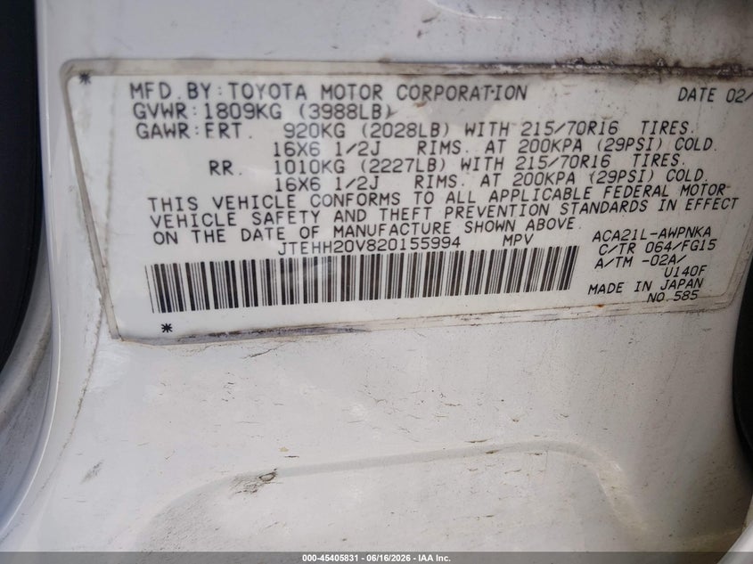 2002 Toyota Rav4 VIN JTEHH20V820155994 IAAI salvage auction — NORMAL WEAR, Clear (Illinois), sold $375 on 2026-07-22 (photo 9)