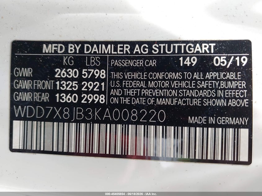 2019 Mercedes-benz VIN WDD7X8JB3KA008220 IAAI salvage auction — LEFT REAR, Salvage Title, sold $28,100 on 2026-08-17 (photo 9)