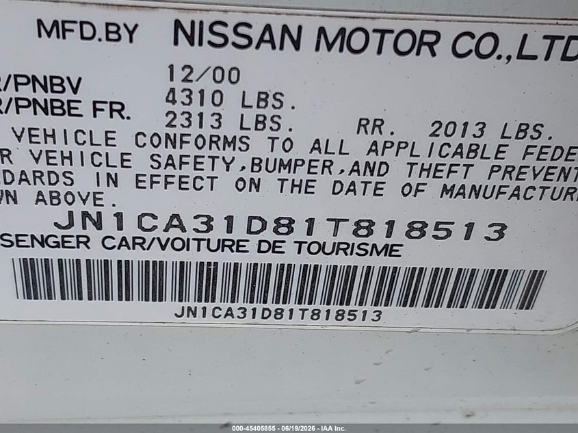 2001 Nissan Maxima VIN JN1CA31D81T818513 IAAI salvage auction — FRONT END, Clear (Virginia), sold $25 on 2026-07-21 (photo 9)