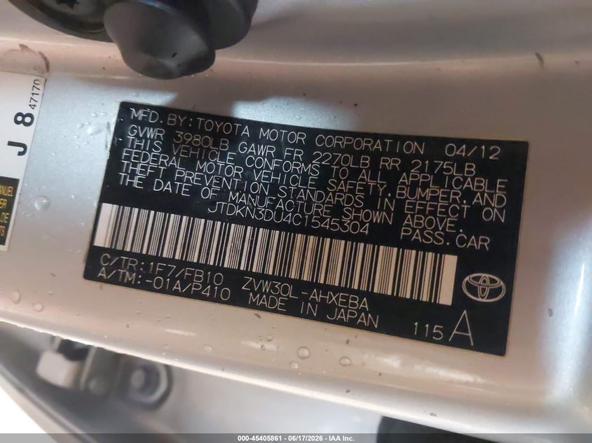 2012 Toyota Prius VIN JTDKN3DU4C1545304 IAAI salvage auction — NORMAL WEAR, Clear (Illinois), sold $1,300 on 2026-07-08 (photo 9)