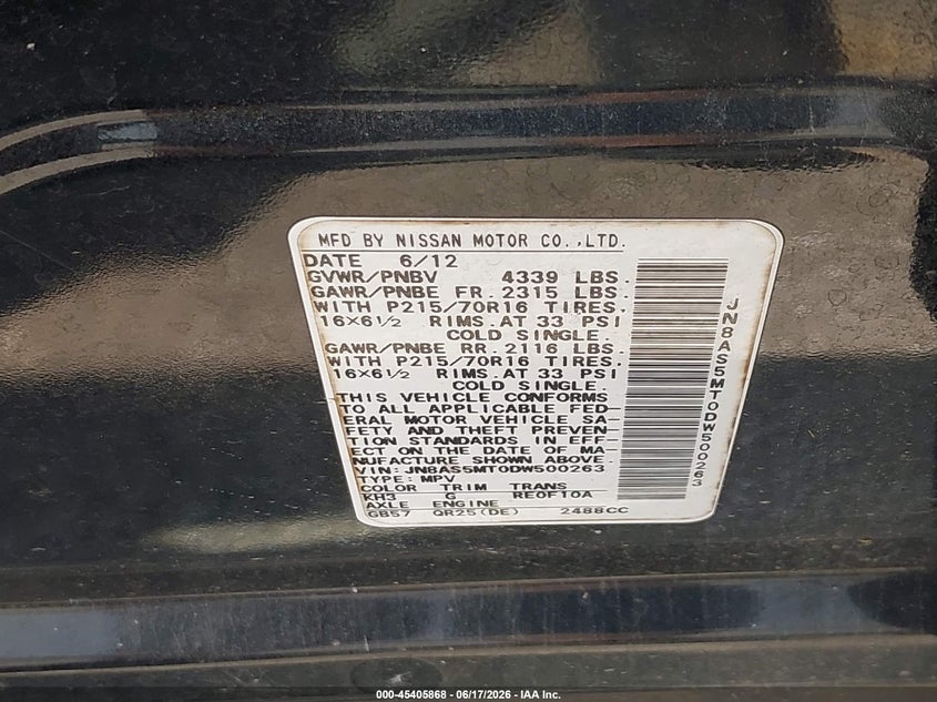 2013 Nissan Rogue VIN JN8AS5MT0DW500263 IAAI salvage auction — SIDE, Clear (Indiana), sold $225 on 2026-07-23 (photo 9)