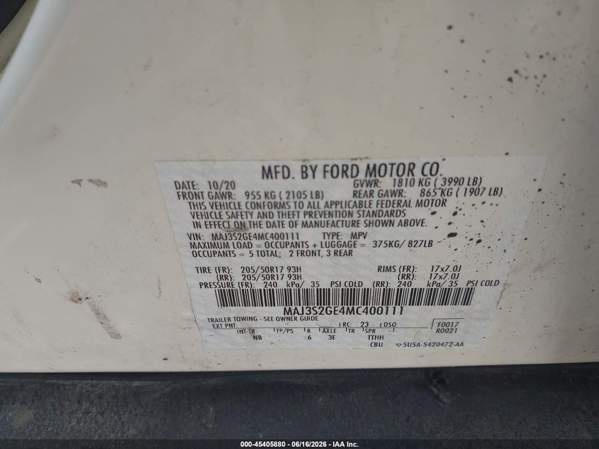 2021 Ford Ecosport VIN MAJ3S2GE4MC400111 IAAI salvage auction — RIGHT SIDE, Salvage Title, sold $25 on 2026-07-28 (photo 9)