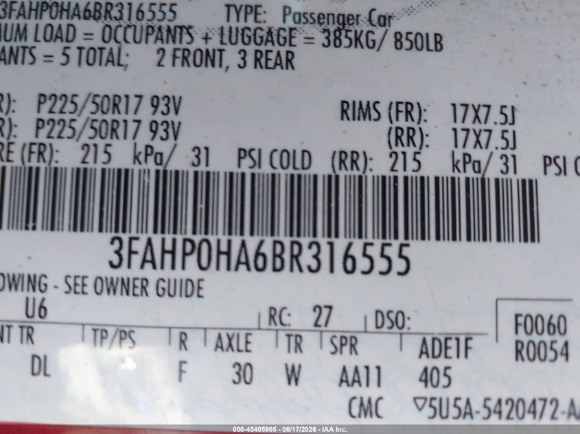 2011 Ford Fusion VIN 3FAHP0HA6BR316555 IAAI salvage auction — FRONT END, Clear (Virginia), sold $275 on 2026-07-18 (photo 9)
