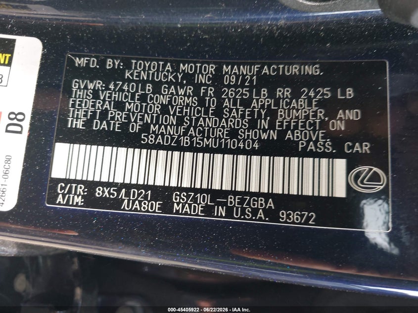 2021 Lexus ES VIN 58ADZ1B15MU110404 IAAI salvage auction — FRONT END, Salvage - Greater Than 75% (Maryland), sold $12,100 on 2026-07-29 (photo 9)
