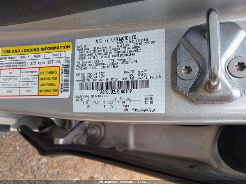 2018 Ford Fusion VIN 3FA6P0UU2JR100109 IAAI salvage auction — NORMAL WEAR, SF97 (Virginia), sold $11,250 on 2026-07-22 (photo 9)