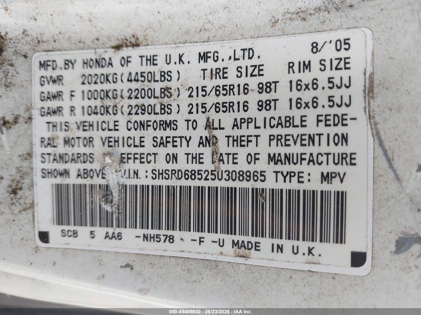 2005 Honda Cr-v VIN SHSRD68525U308965 IAAI salvage auction — LEFT REAR, Rebuildable (Florida), sold $1,100 on 2026-07-06 (photo 9)