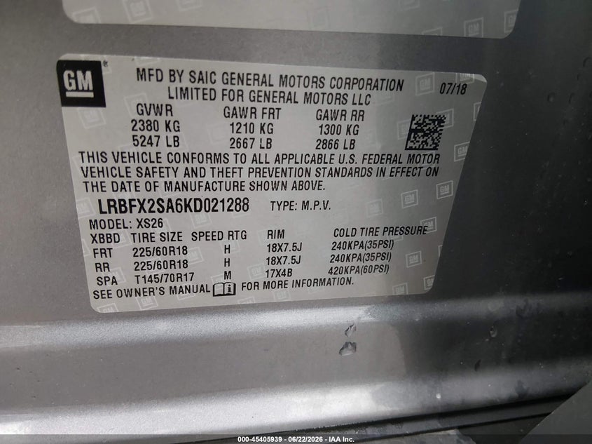 2019 Buick Envision VIN LRBFX2SA6KD021288 IAAI salvage auction — FRONT END, Salvage (Ohio), sold $3,650 on 2026-07-08 (photo 9)