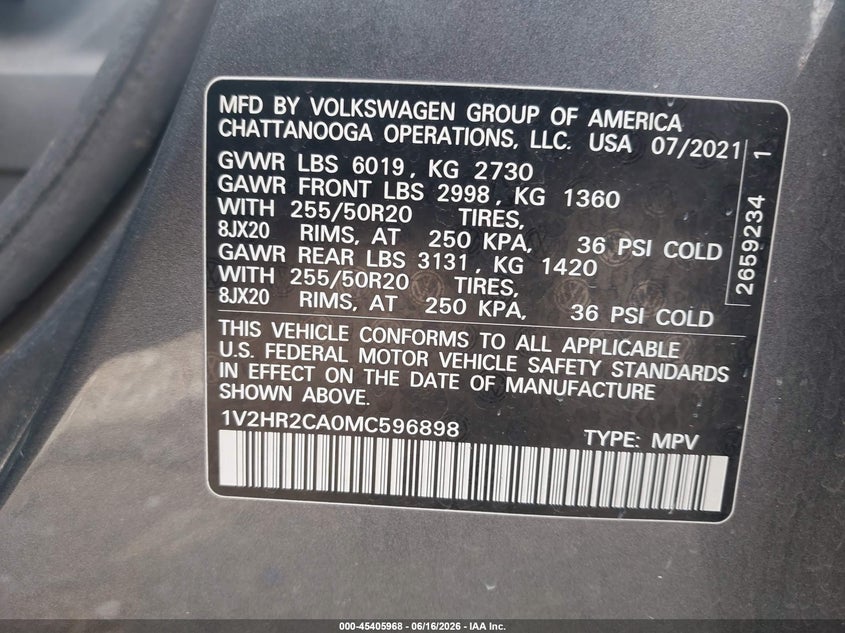 2021 Volkswagen Atlas VIN 1V2HR2CA0MC596898 IAAI salvage auction — HAIL, Salvage Title, sold $7,000 on 2026-08-27 (photo 9)
