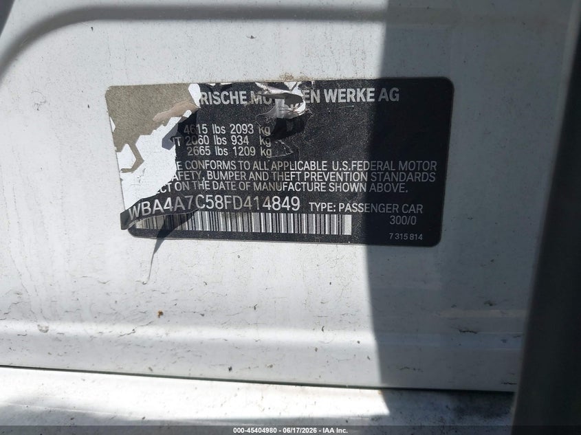 2015 BMW VIN WBA4A7C58FD414849 IAAI salvage auction — FRONT END, Salvage Title, sold $2,350 on 2026-08-04 (photo 9)