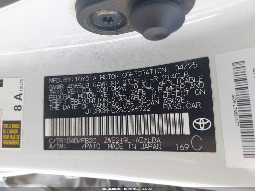 2025 Toyota Corolla VIN JTDBCMFE2S3096922 IAAI salvage auction — RIGHT FRONT, Salvage Title, sold $5,200 on 2026-07-21 (photo 9)