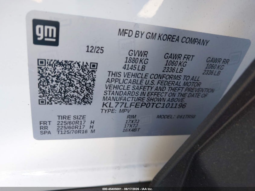 2026 Chevrolet Trax VIN KL77LFEP0TC101196 IAAI salvage auction — RIGHT FRONT, Clear (California), sold $4,050 on 2026-07-02 (photo 9)