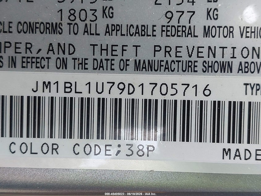 2013 Mazda 3 VIN JM1BL1U79D1705716 IAAI salvage auction — REAR END, Salvage - Greater Than 75% (Maryland), sold $900 on 2026-07-28 (photo 9)