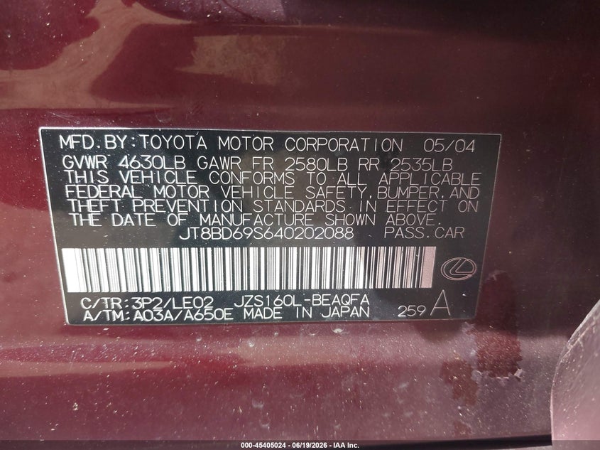 2004 Lexus Gs 300 VIN JT8BD69S640202088 IAAI salvage auction — FRONT END, Salvage (Idaho), sold $275 on 2026-07-15 (photo 9)