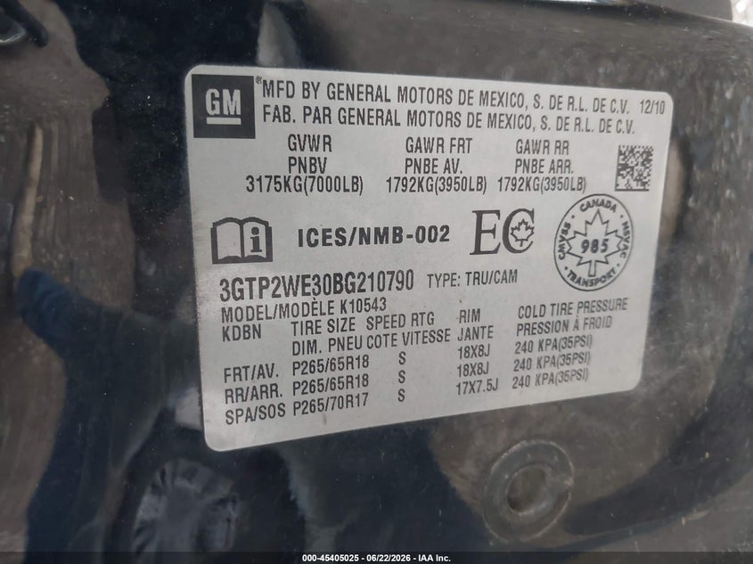 2011 Gmc Sierra 1500 VIN 3GTP2WE30BG210790 IAAI salvage auction — FRONT END, Salvage (Indiana), sold $975 on 2026-07-22 (photo 9)