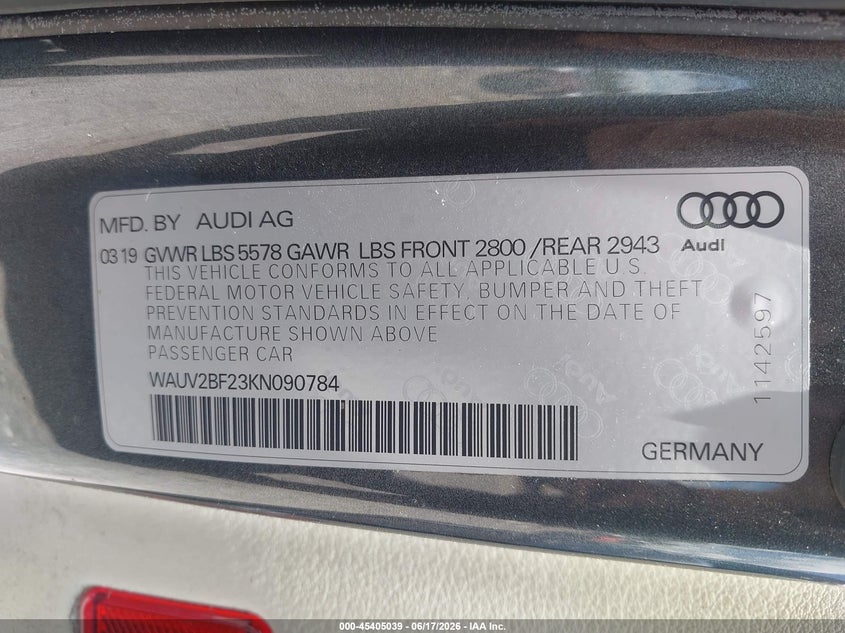 2019 Audi A7 VIN WAUV2BF23KN090784 IAAI salvage auction — FRONT END, Rebuildable (Florida), sold $13,200 on 2026-07-08 (photo 9)