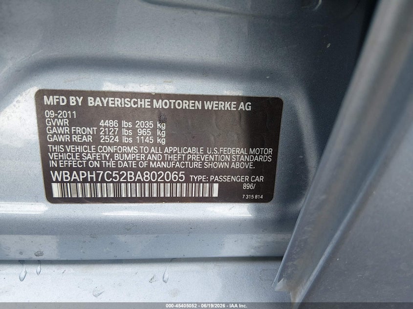 2011 BMW 3 series VIN WBAPH7C52BA802065 IAAI salvage auction — UNDERCARRIAGE, Salvage (South Carolina), sold $425 on 2026-07-08 (photo 9)