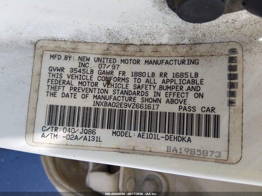 1997 Toyota Corolla VIN 1NXBA02E9VZ661617 IAAI salvage auction — FRONT END, Salvage (North Carolina), sold $325 on 2026-07-09 (photo 9)