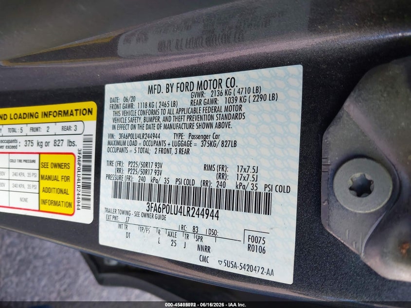 2020 Ford Fusion VIN 3FA6P0LU4LR244944 IAAI salvage auction — NORMAL WEAR, Sf97 (New York), sold $4,525 on 2026-07-27 (photo 9)