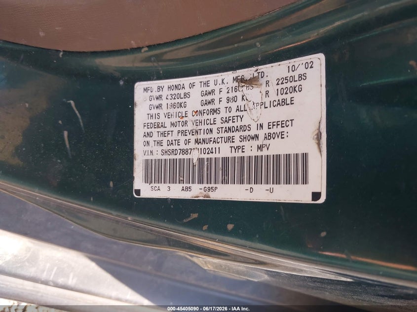 2003 Honda Cr-v VIN SHSRD78873U102411 IAAI salvage auction — NORMAL WEAR, Clear (New York), sold $500 on 2026-07-14 (photo 9)