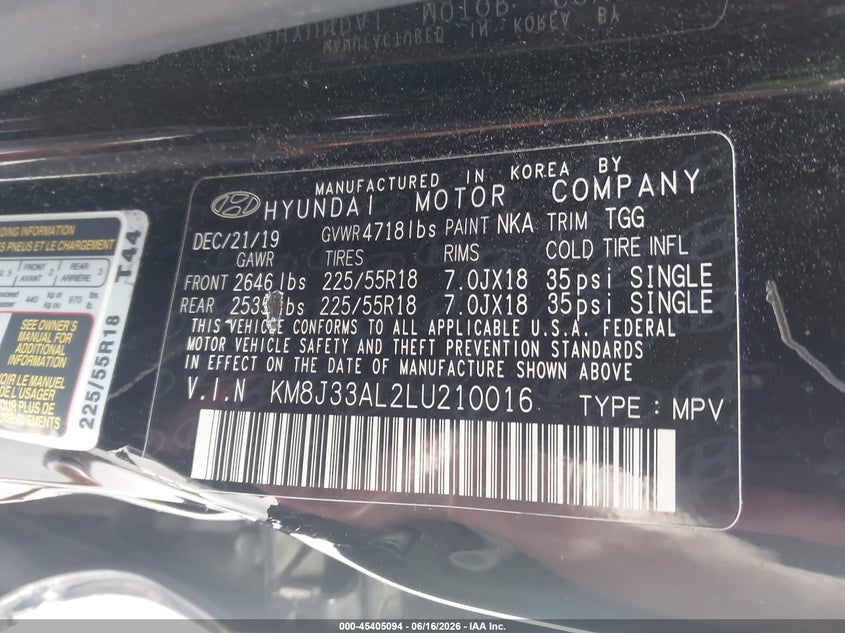 2020 Hyundai Tucson VIN KM8J33AL2LU210016 IAAI salvage auction — LEFT SIDE, Salvage Title, sold $25 on 2026-07-29 (photo 9)
