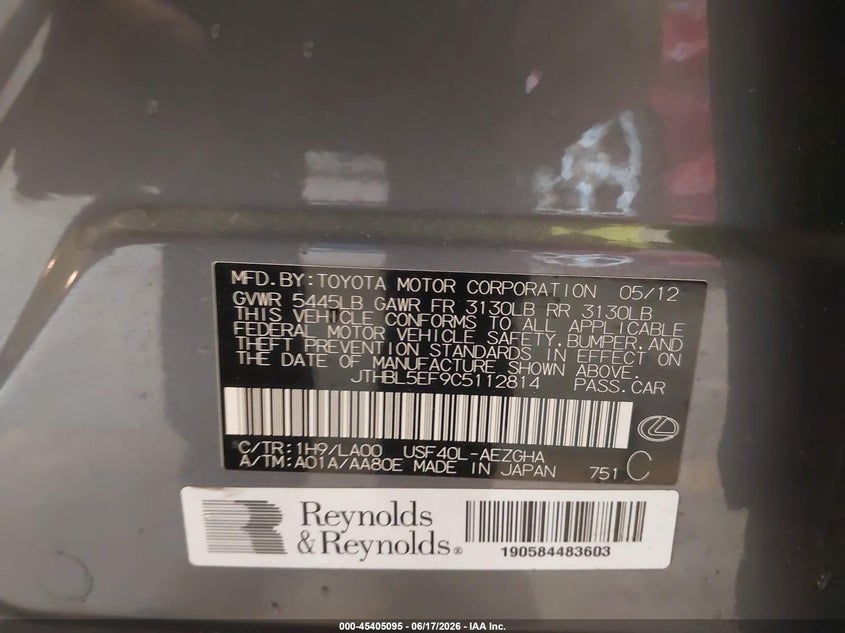 2012 Lexus Ls 460 VIN JTHBL5EF9C5112814 IAAI salvage auction — NORMAL WEAR, Original (Texas), sold $1,300 on 2026-07-15 (photo 9)